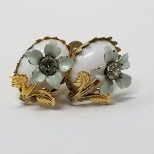 Vintage Screw Back Earrings Green Gray Petals Flower w Gold Tone Leaves on White